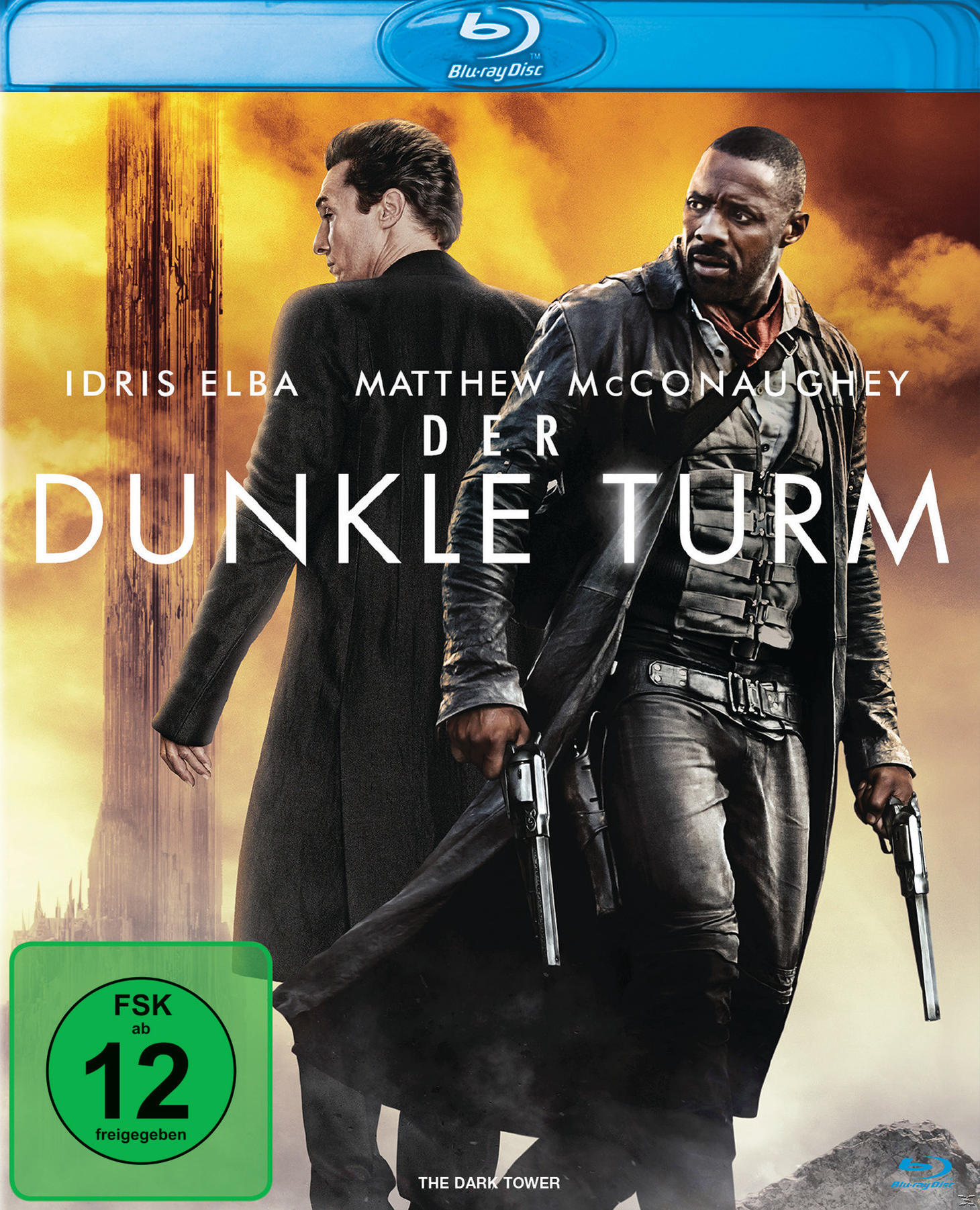 DVD-Cover mit Idris Elba und Matthew McConaughey. Der Titel lautet 'Der Dunkle Turm'. Das Blu-ray Disc-Logo ist sichtbar.