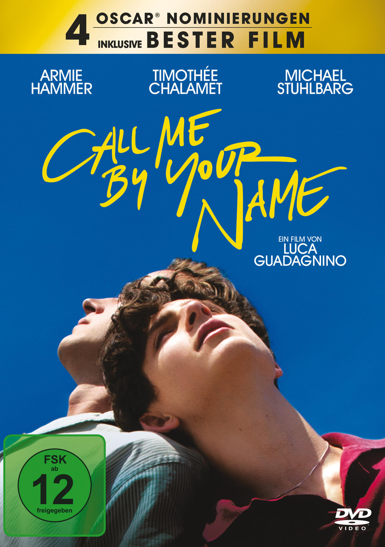 DVD-Cover von 'Call Me by Your Name'. Zwei Männer blicken nach oben, blauer Hintergrund, Filmtitel.