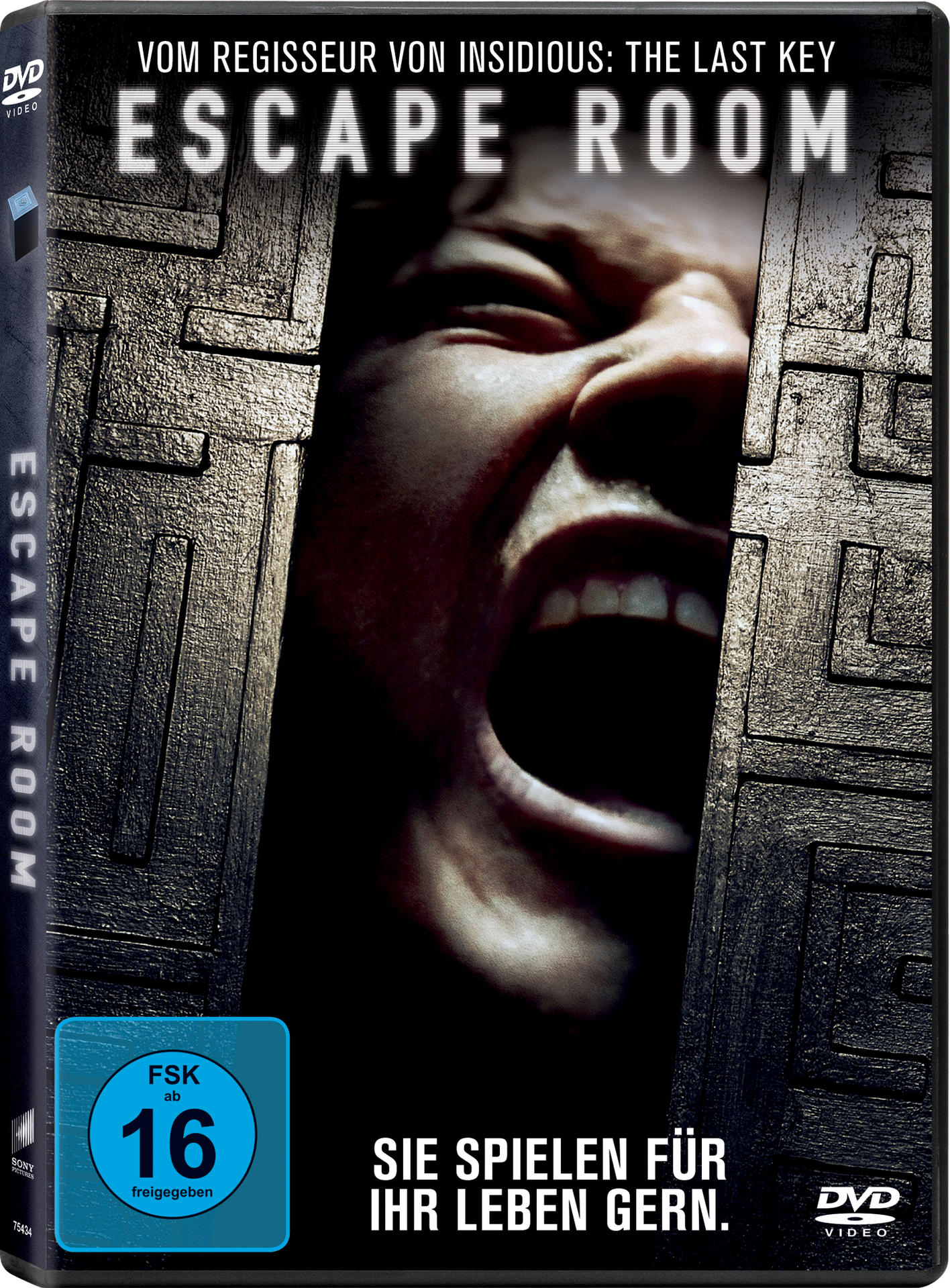 DVD-Cover: Escape Room. Das Gesicht einer Person schreit in einer dunklen, labyrinthischen Umgebung.