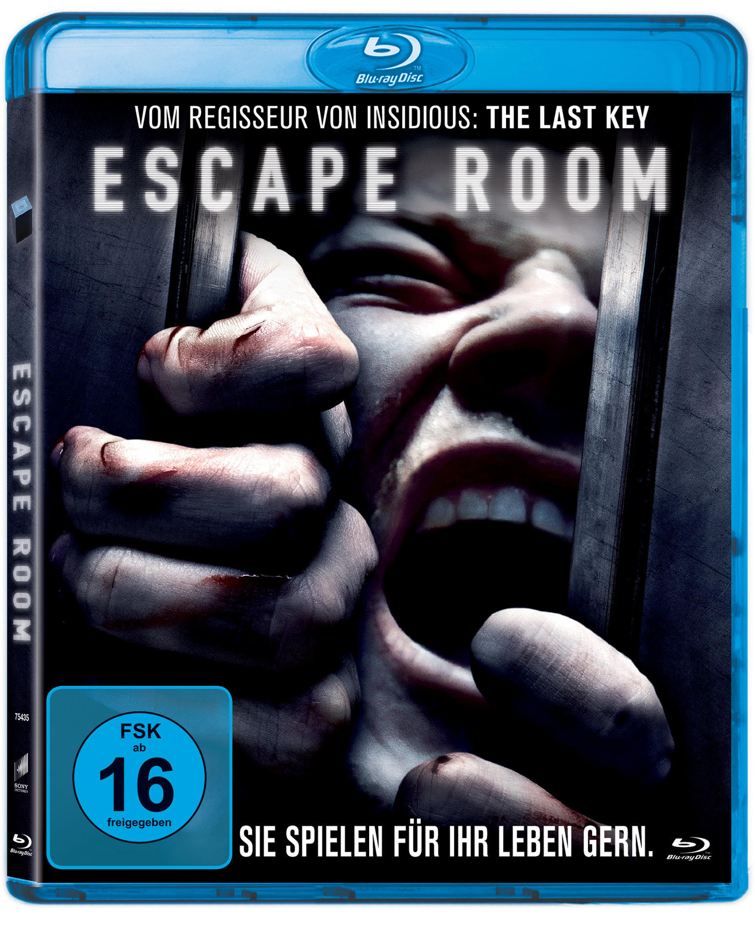 DVD-Cover von 'Escape Room' mit dem Gesicht und den Händen einer Person vor dunklem Hintergrund.