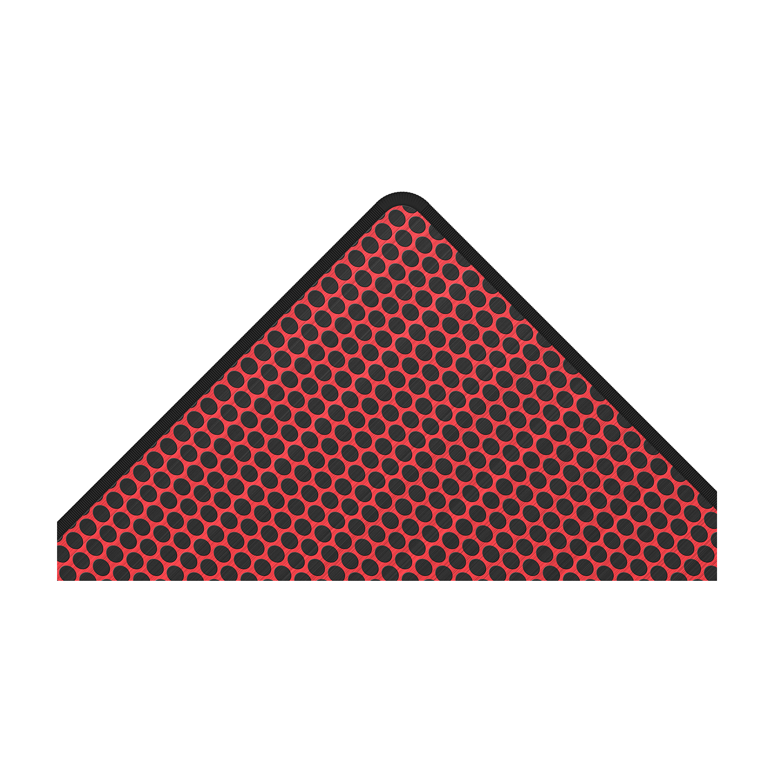 Un tappetino antiscivolo triangolare rosso e nero con fori ovali, su sfondo bianco.