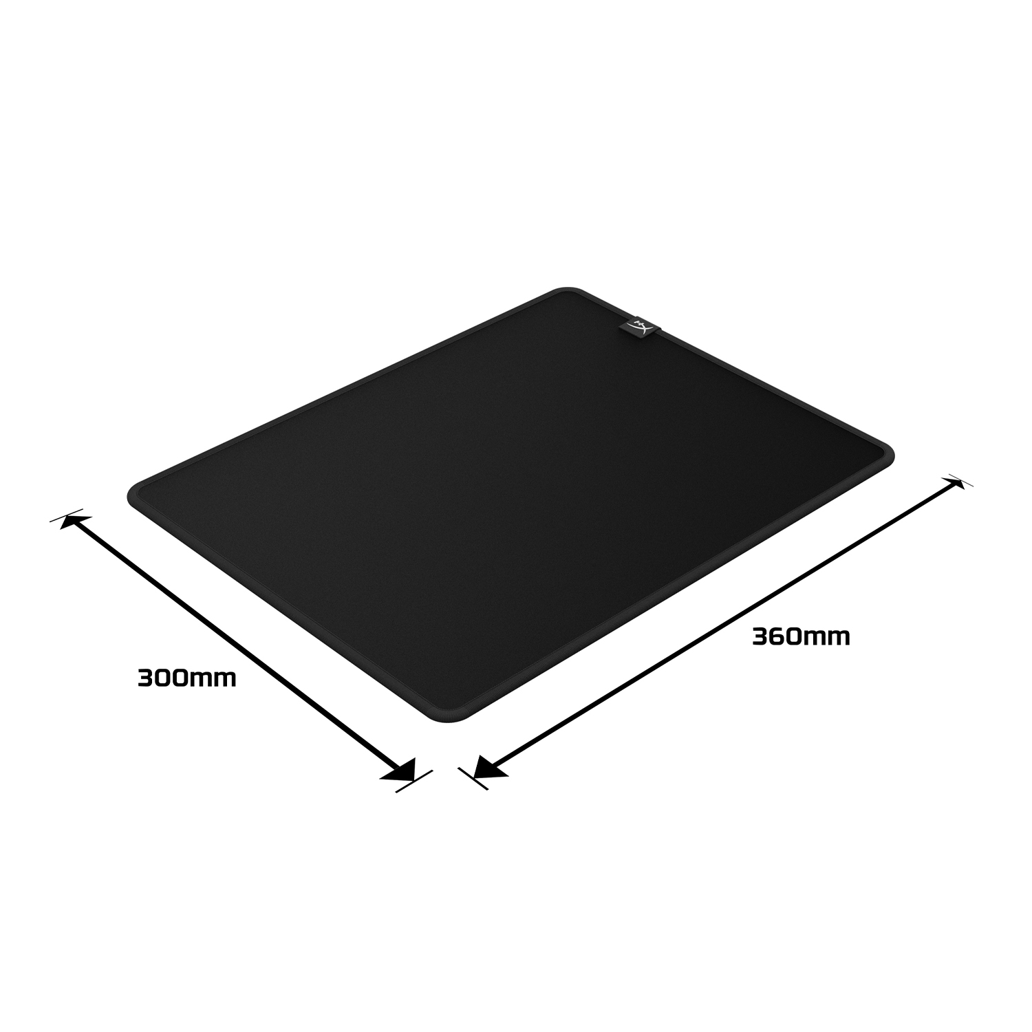 Un tappetino per mouse nero con dimensioni di 300 mm x 360 mm, con frecce che indicano la lunghezza e la larghezza.