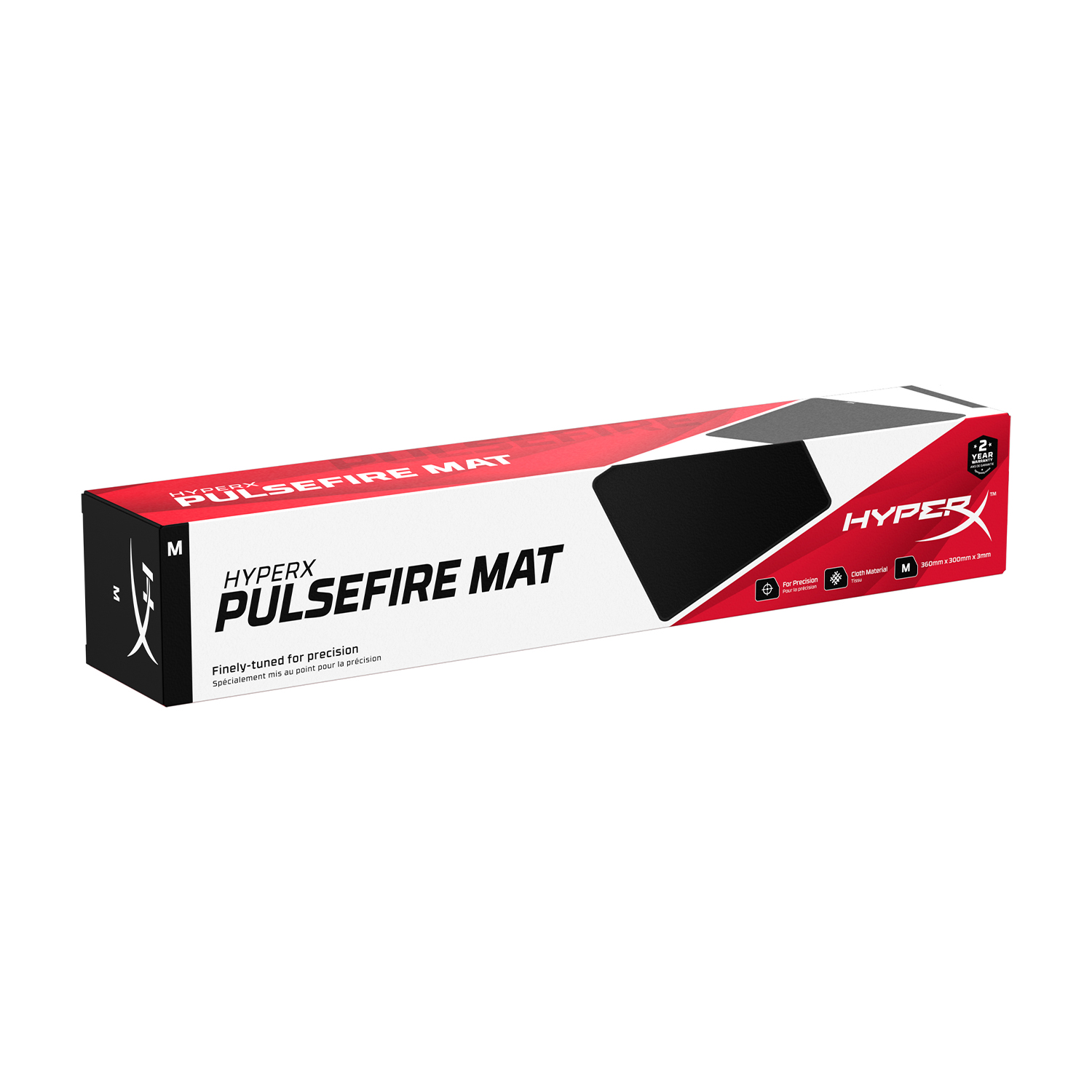 HyperX Pulsefire Mat in scatola. Design rosso e nero. Testo sulla scatola.
