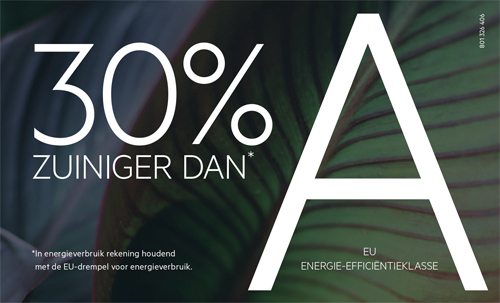 Text on a leaf: "30% more economical than" and an EU energy efficiency class label.