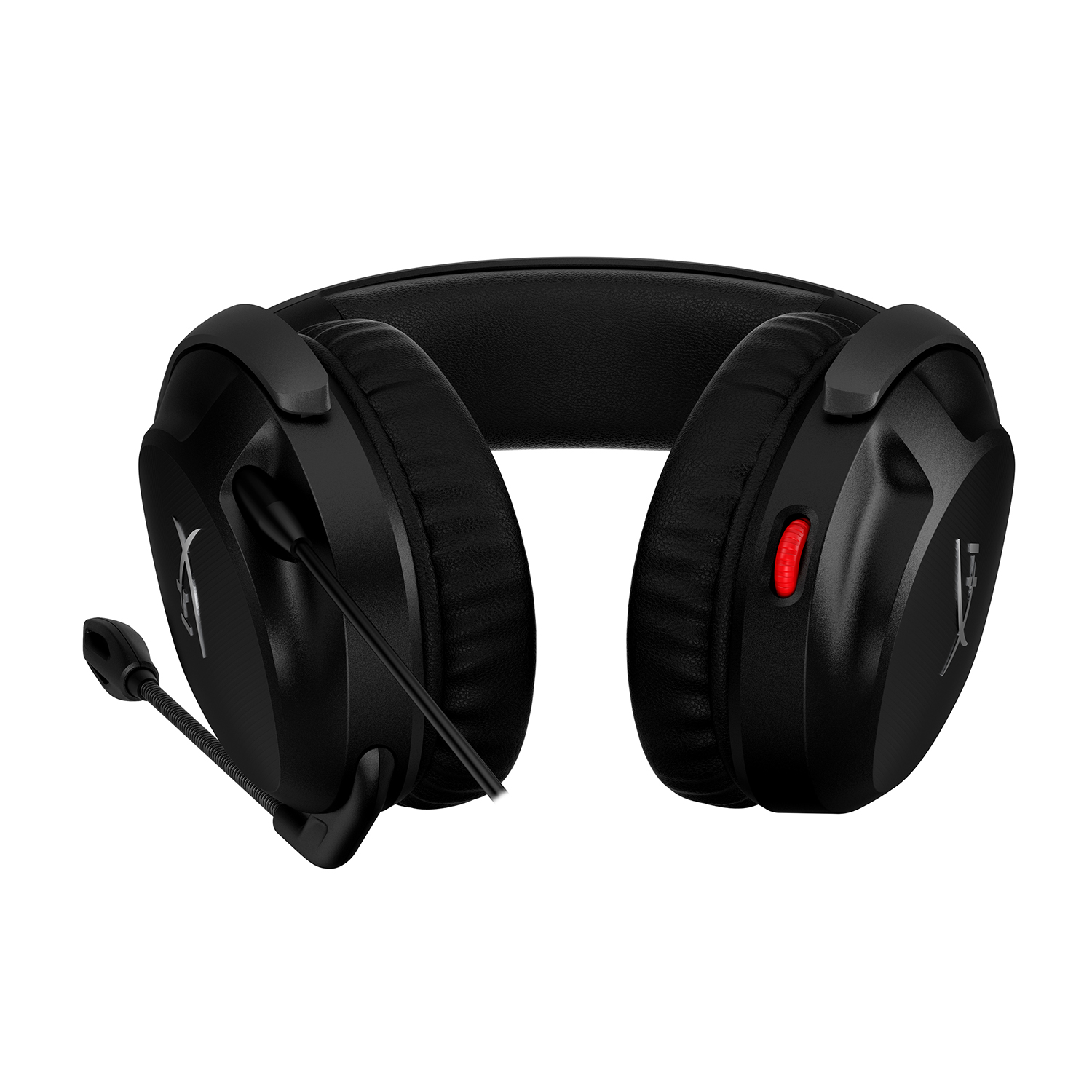 Cuffie da gioco nere con microfono, pulsante rosso sul padiglione destro e fascia nera.