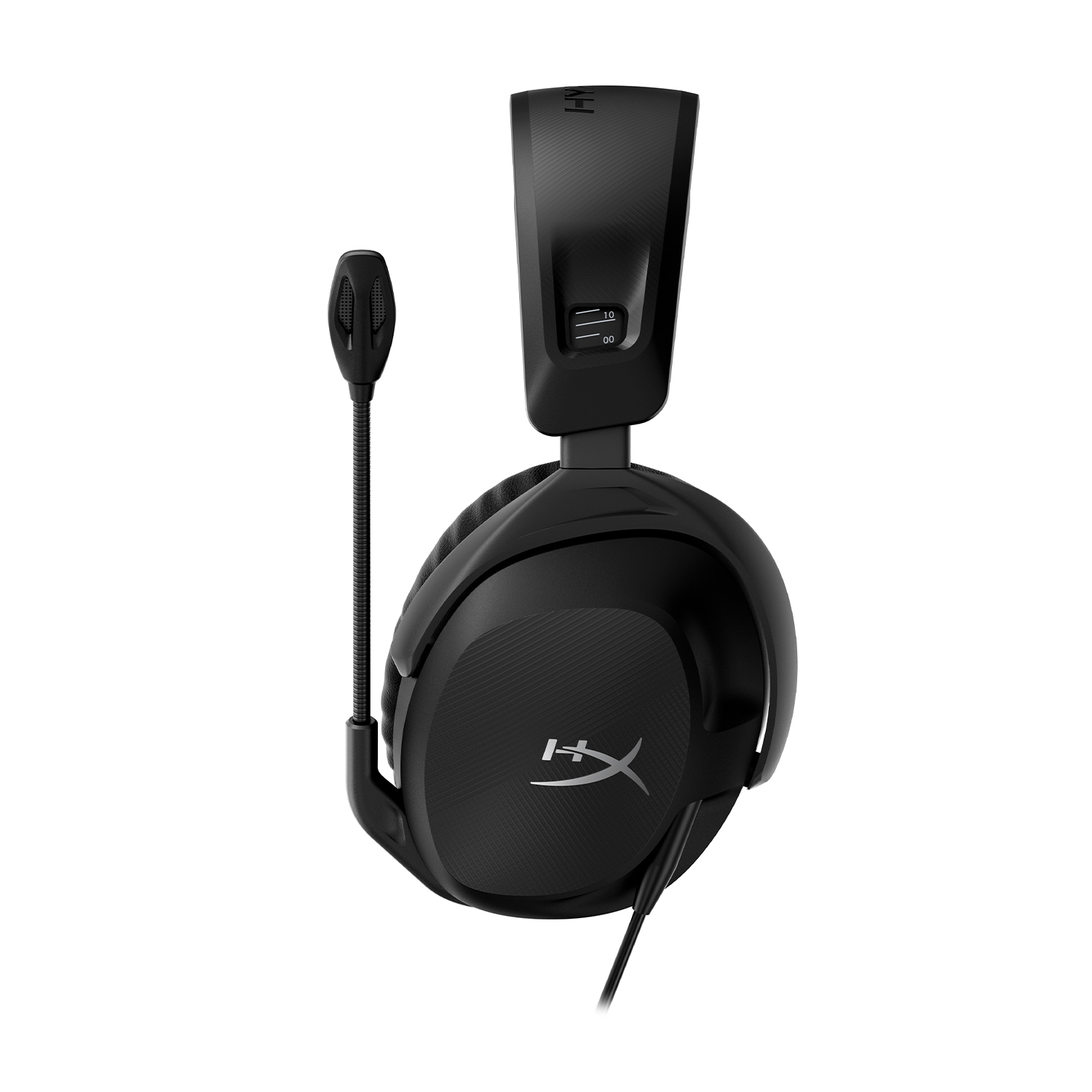 Cuffie da gioco HyperX nere con microfono, filo e logo HyperX su sfondo bianco.
