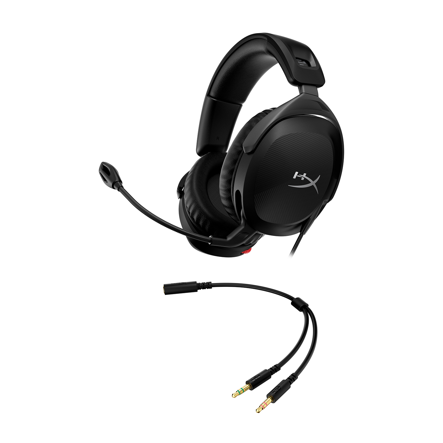 Cuffie da gaming HyperX nere con microfono e cavo audio staccabile, isolate su bianco.