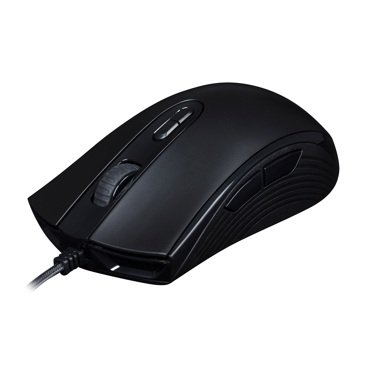 Mouse per computer nero con rotella e pulsanti laterali, isolato su bianco.