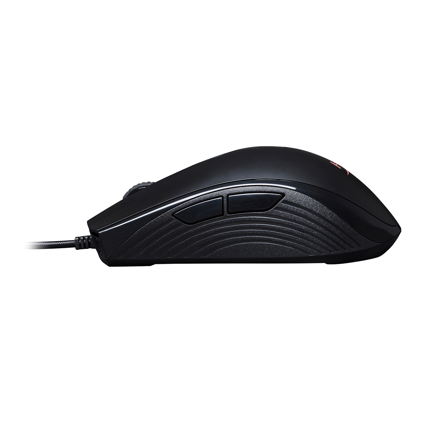 Un mouse per computer nero con due pulsanti sopra e un filo.