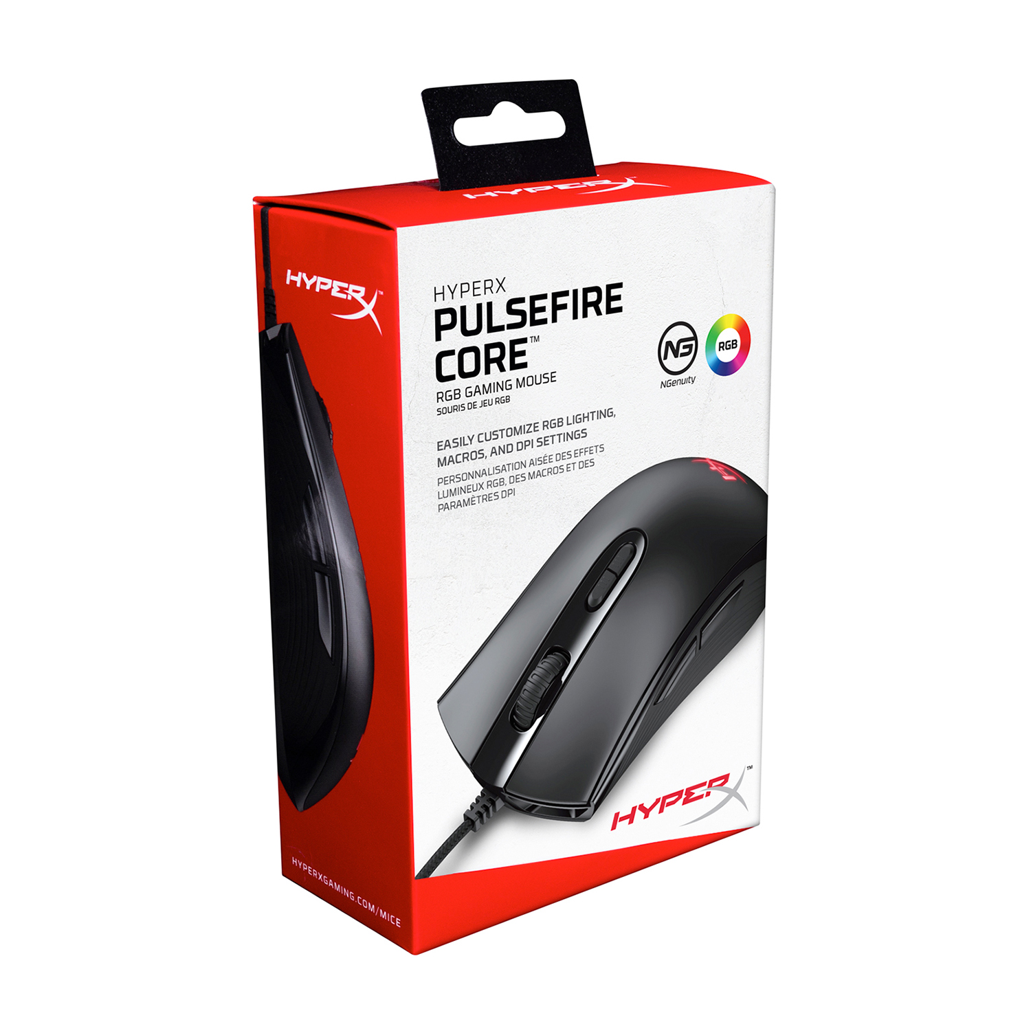 Una scatola rossa e bianca di un mouse da gioco HyperX Pulsefire Core RGB, con il mouse nero visibile.