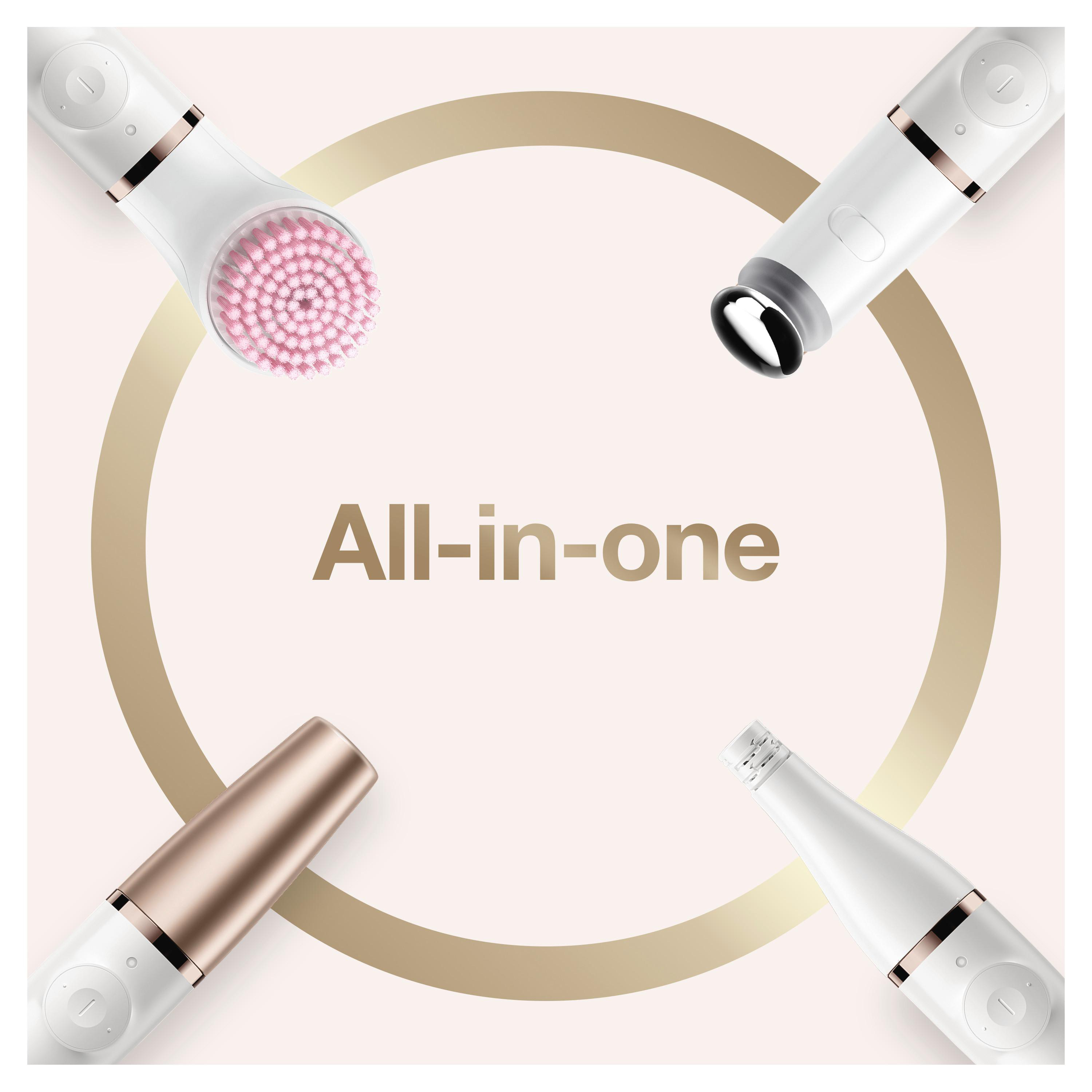 Vier weiße Schönheitsgeräte mit roségoldenen Akzenten umgeben die Worte 'All-in-one'.