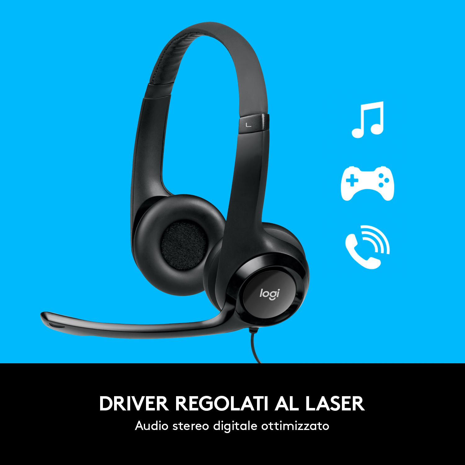 Una spina bianca e nera con il testo 'DRIVER REGOLATI AL LASER' e tre icone.