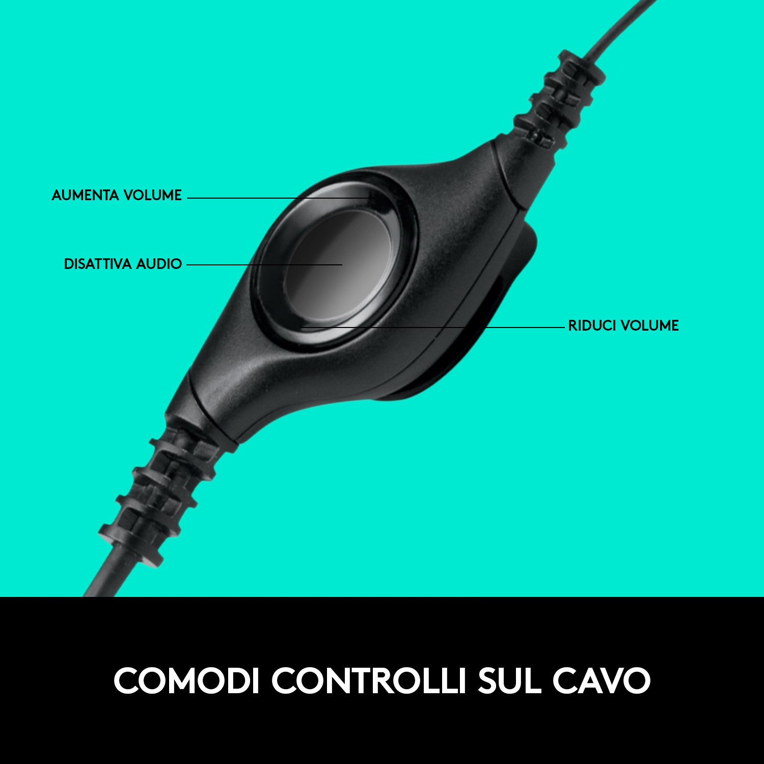 Un controllo delle cuffie nero con testo in italiano.