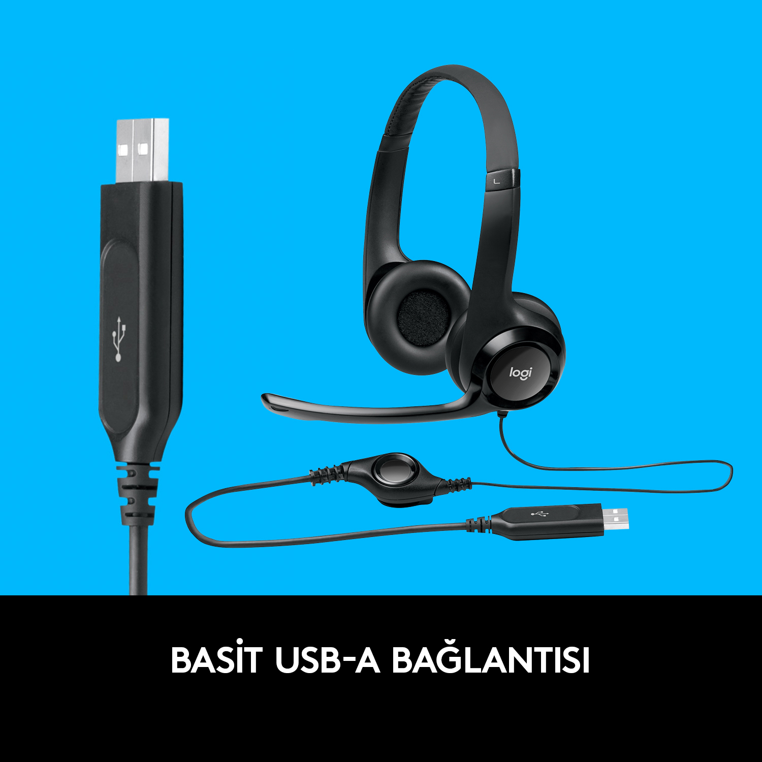 Cuffie nere con connettore USB e unità di controllo. È su una superficie blu.