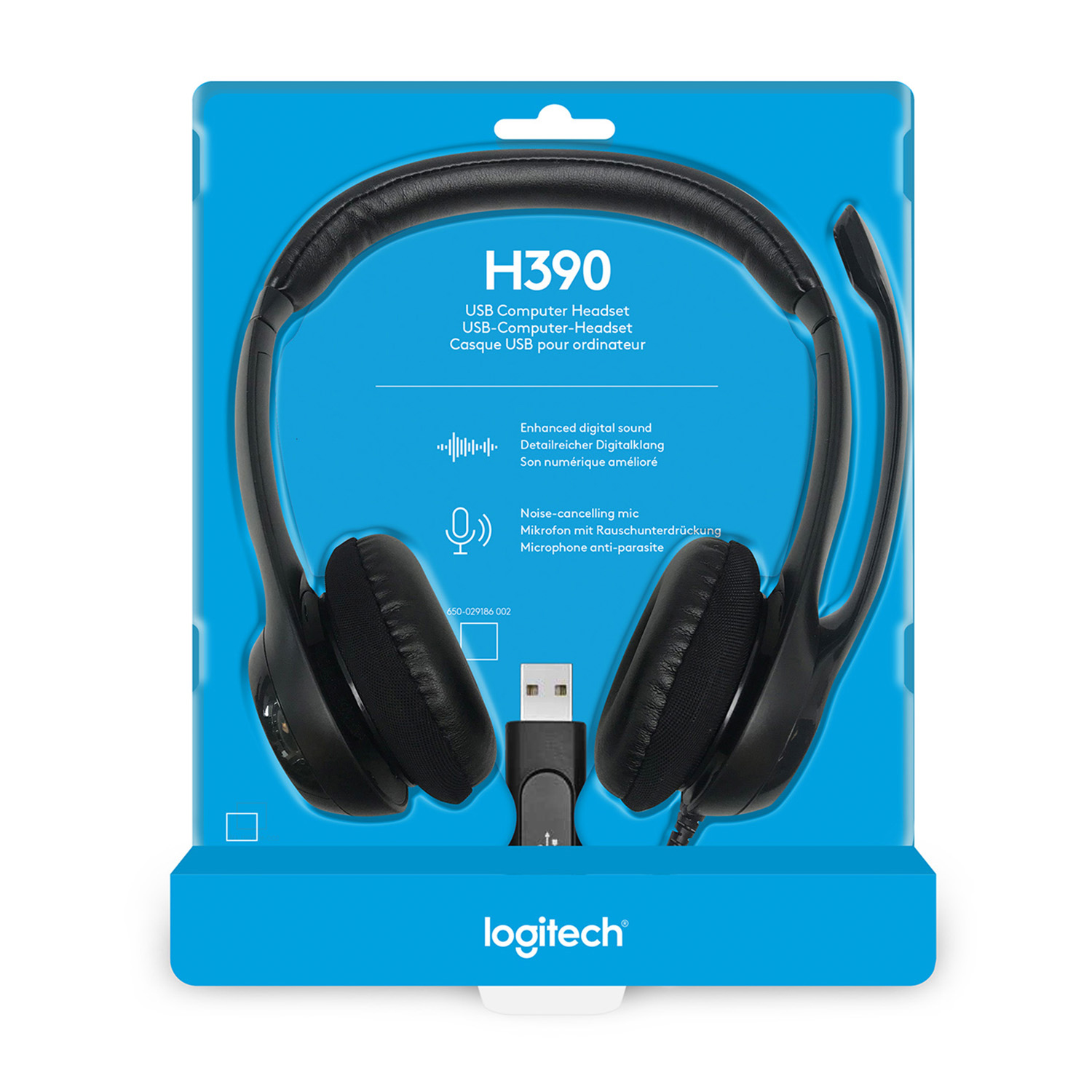 Cuffie USB per computer nere in una scatola blu. La scatola ha testo in più lingue.