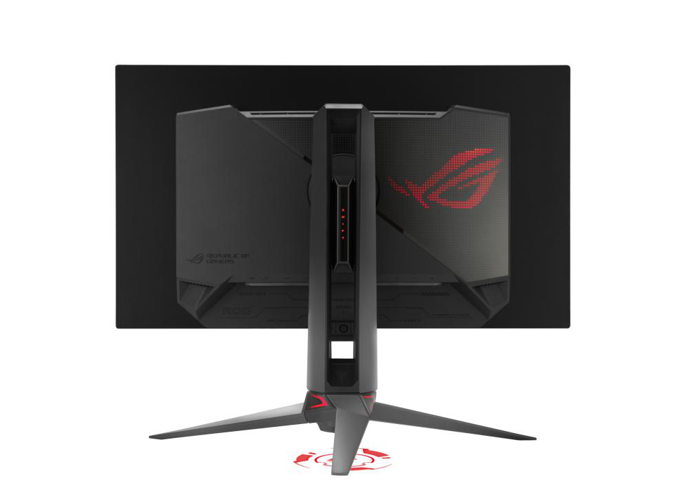 Ein schwarzer Gaming-Monitor mit einem roten ROG-Logo auf der Rückseite.
