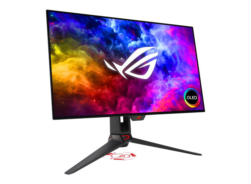 Ein Gaming-Monitor mit futuristischem Ständer, der eine farbenfrohe Grafik mit Weltraumthema zeigt. Das Logo ist 'ROG OLED'.