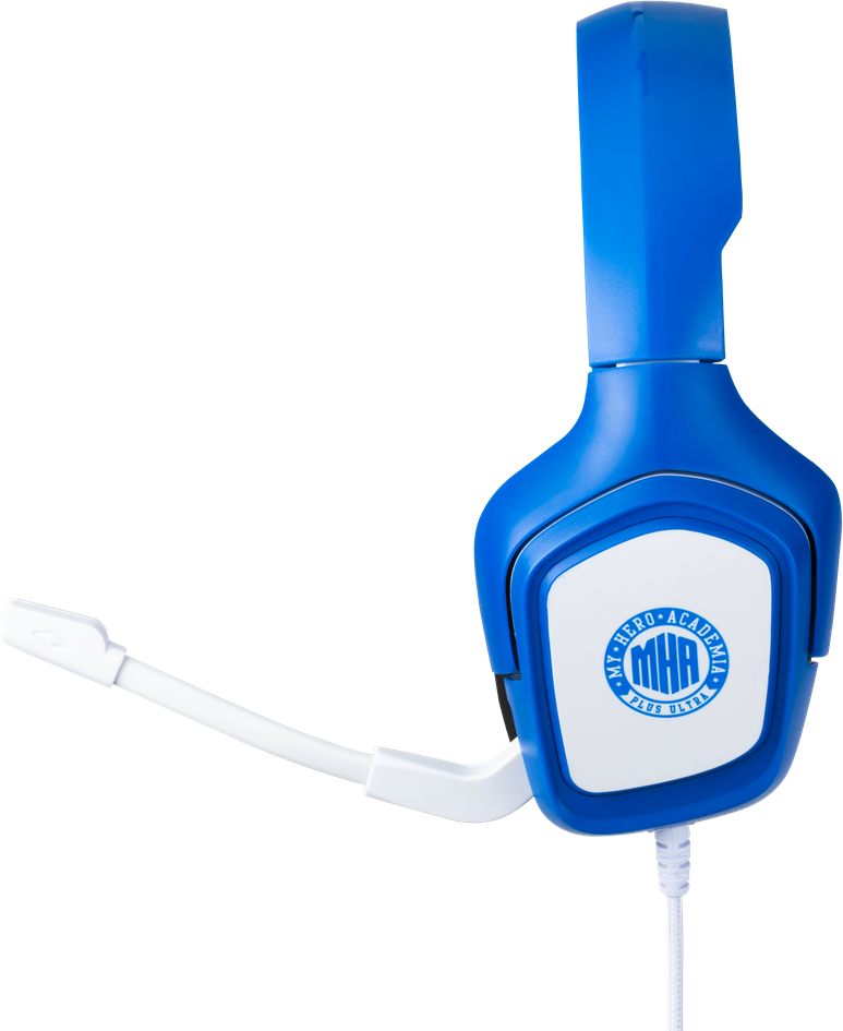 Kék-fehér gamer headset mikrofonnal. A headseten a My Hero Academia logó látható.