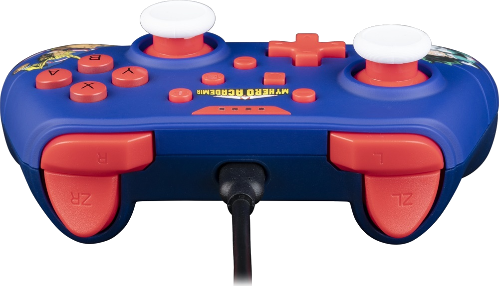 Kék játékkontroller piros gombokkal és fehér joystickokkal.