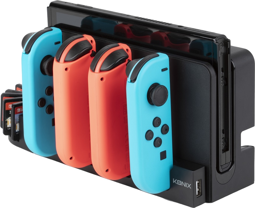 Egy fekete állvány Nintendo Switch konzolt, két piros és két kék Joy-Con kontrollert és játékokat tart.