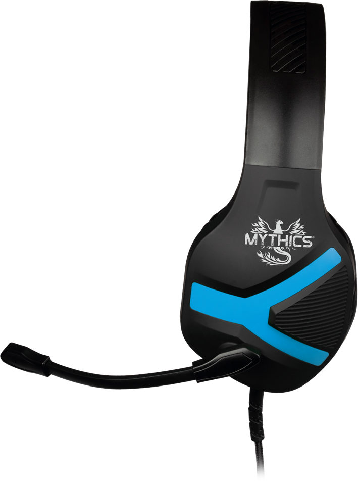 Fekete gamer headset kék díszítéssel és mikrofonnal, fekete háttéren.