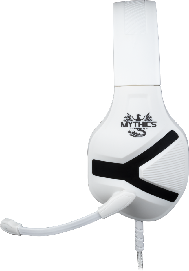 Fehér gamer headset mikrofonnal, Mythics márkalogóval.