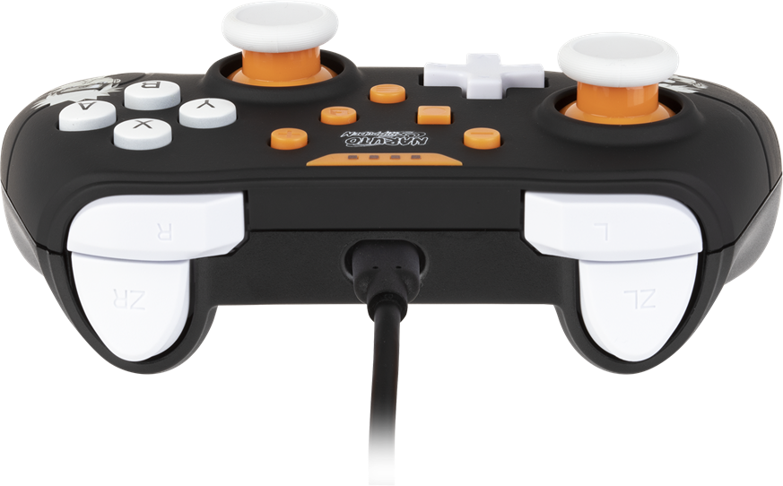 Egy fekete-narancssárga Nintendo Switch kontroller, gombokat és joystickokat mutatva.