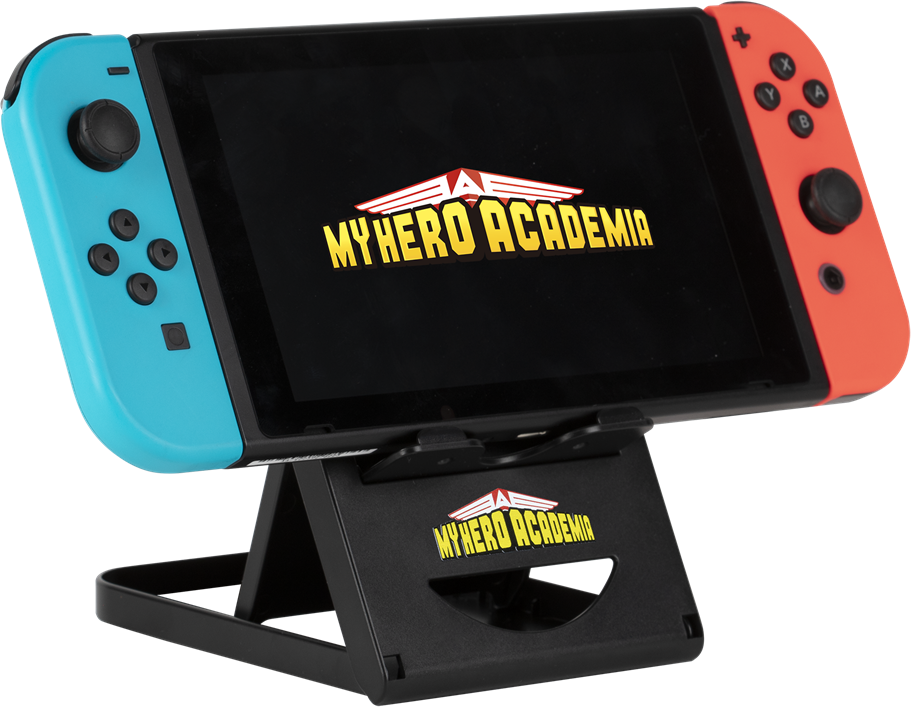 Egy Nintendo Switch egy állványon. A képernyőn a "My Hero Academia" logó látható.