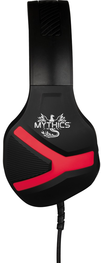 Egy fekete fejhallgató piros díszítésekkel. MYTHICS logó látható az oldalán.
