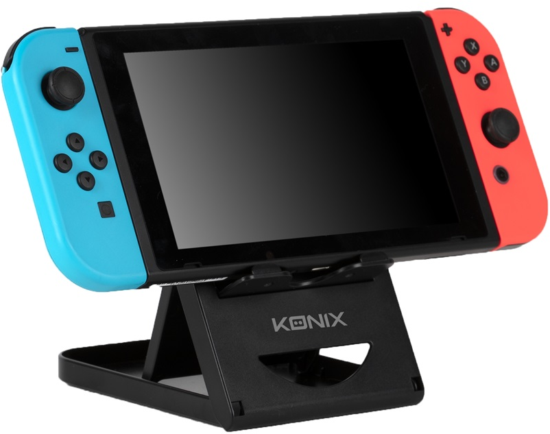 Egy Nintendo Switch konzol piros és kék vezérlőkkel.