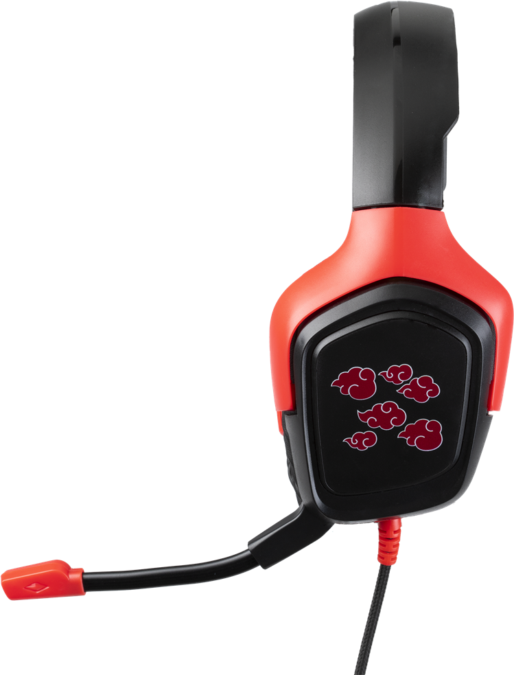Piros-fekete gaming headset mikrofonnal és a fülkagylókon lévő dizájnnal.