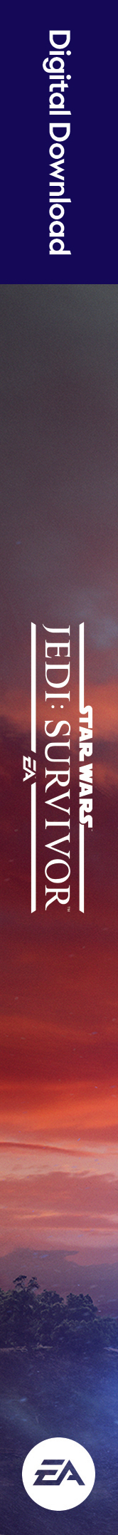Ein vertikales Bild mit Sonnenuntergangshintergrund. Text lautet "Digital Distribution" und "EA"-Logo.