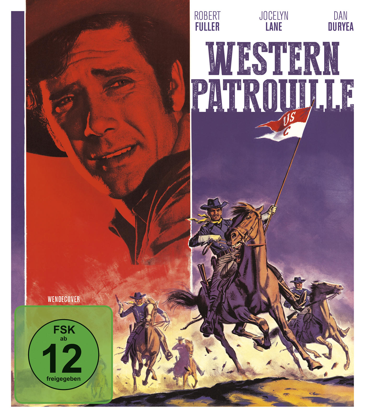 Western Patrol DVD-Cover. Robert Fuller links. Cowboys auf Pferden. Titel: Western Patrouille.