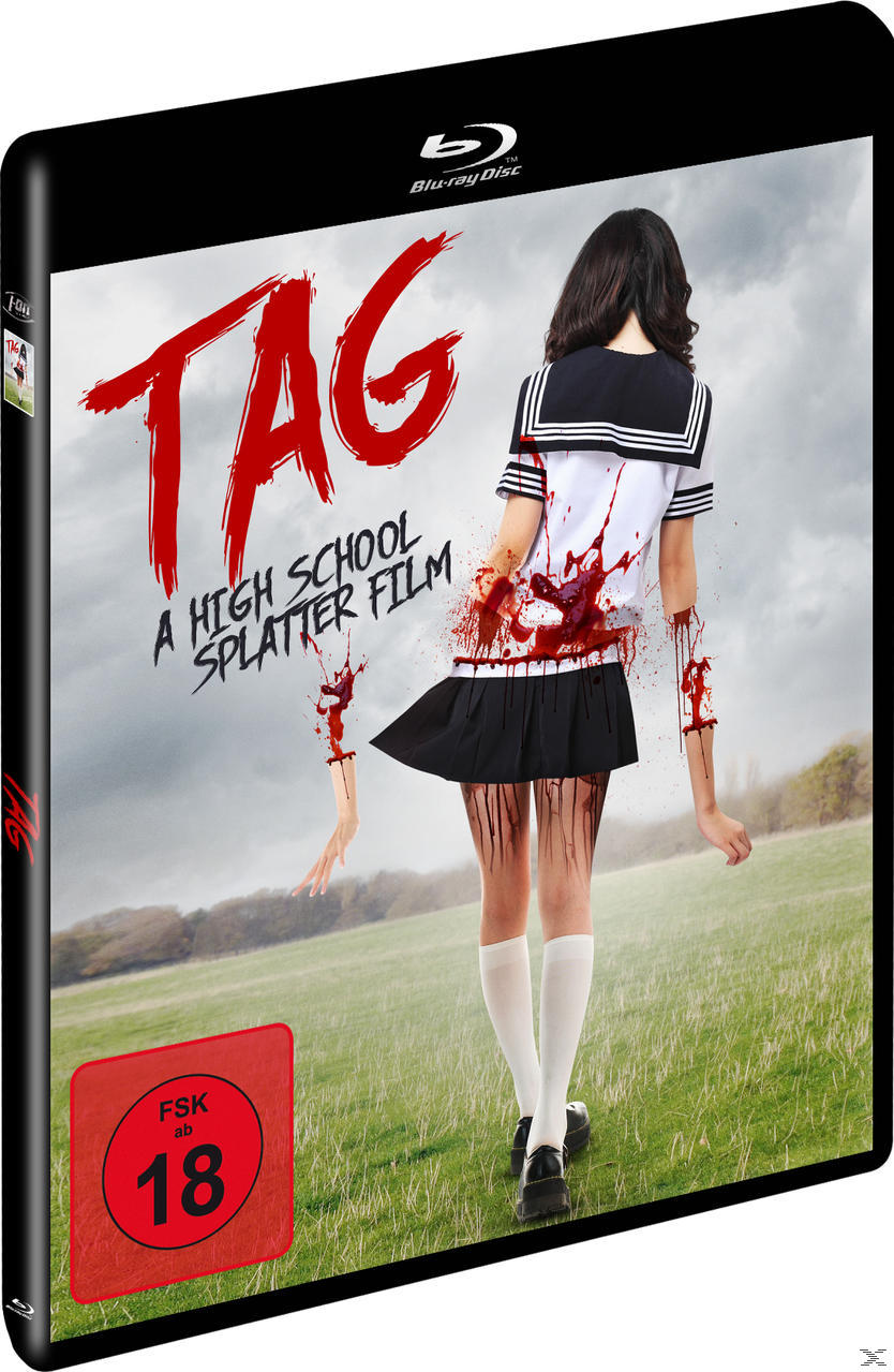 DVD-Hülle. Eine Frau in Schuluniform ist blutverschmiert. Der Filmtitel lautet TAG.
