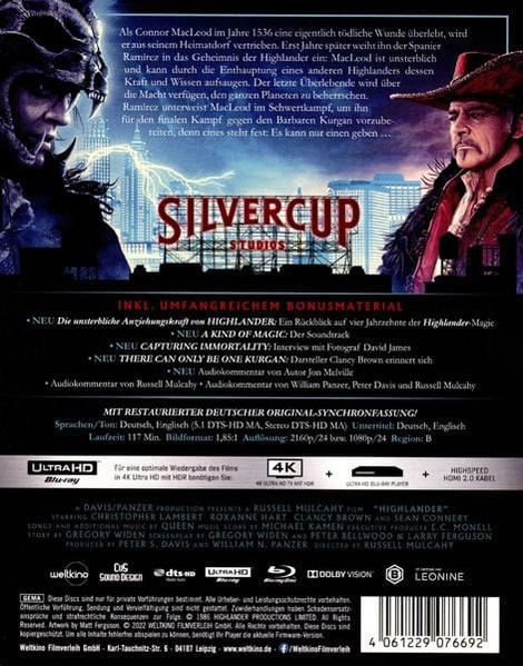 DVD-Cover mit Schauspielern, blauer Hintergrund. Text auf Deutsch: "Highlander". Rückseite.