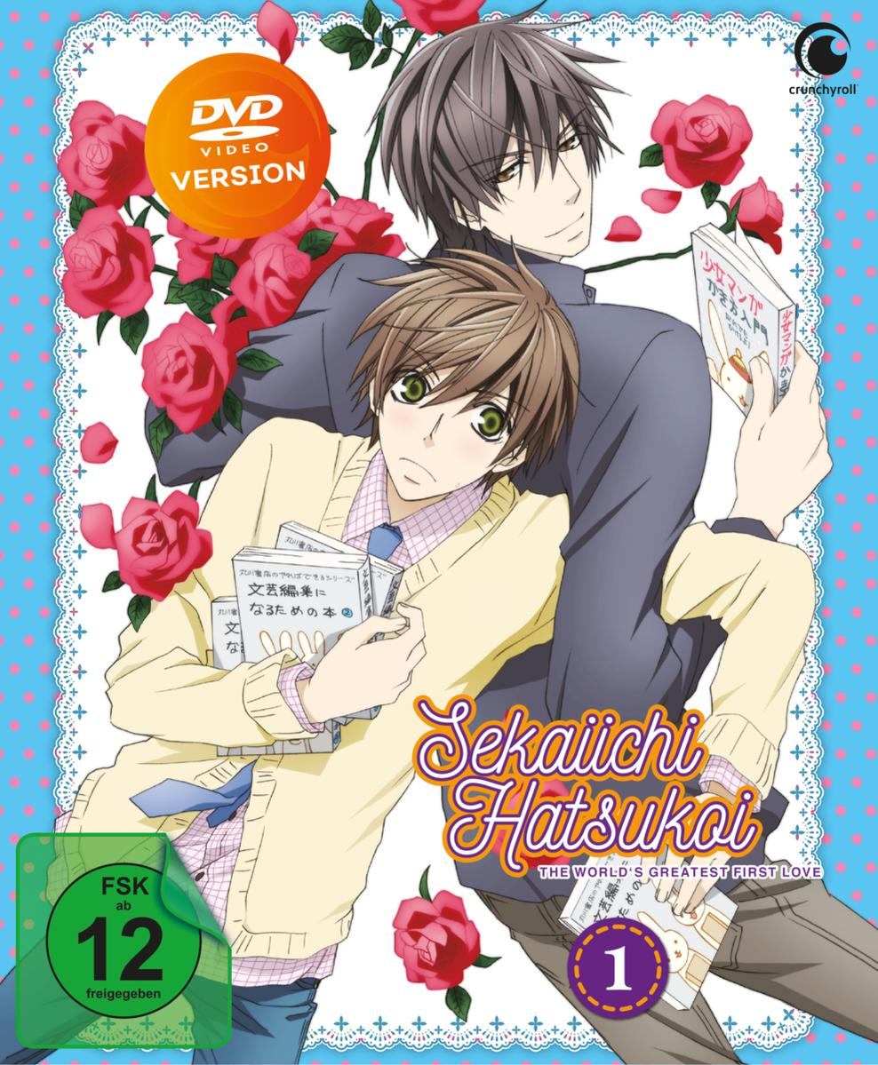 DVD-Cover von Sekaiichi Hatsukoi. Zwei Männer, Rosen und Text auf Japanisch.