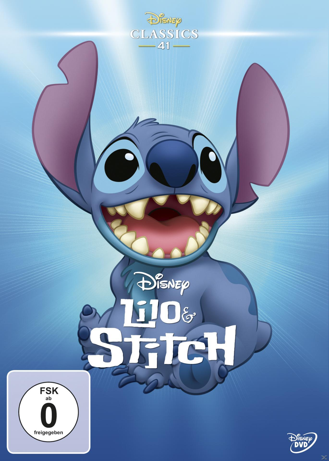 Lilo & Stitch DVD-Cover. Stitch lächelt. Blauer Hintergrund mit Disney Classics Logo.