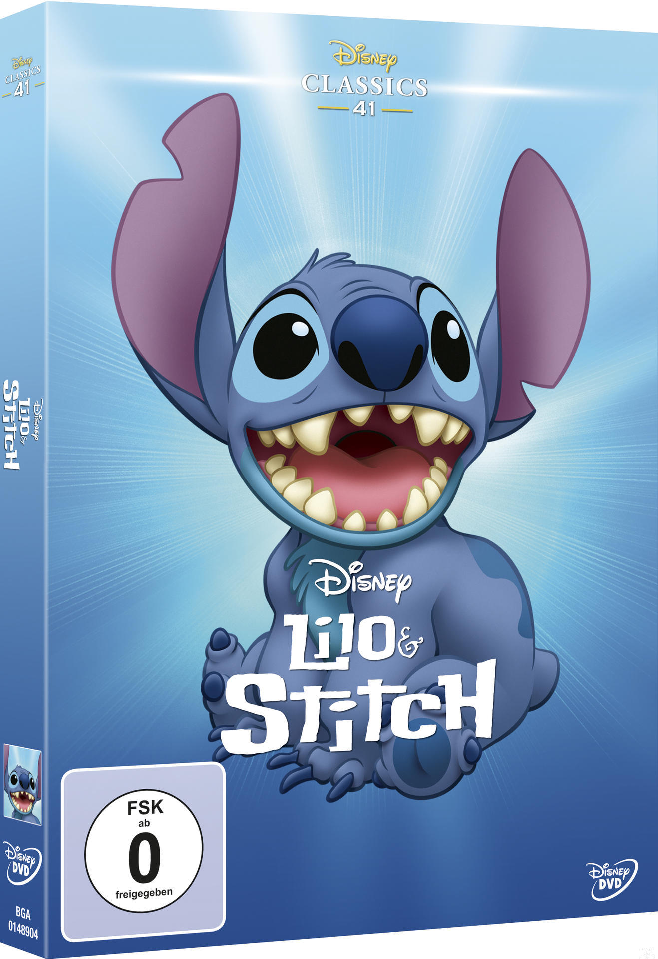 Lilo & Stitch DVD-Hülle: Stitch lächelt vor blauem Hintergrund.