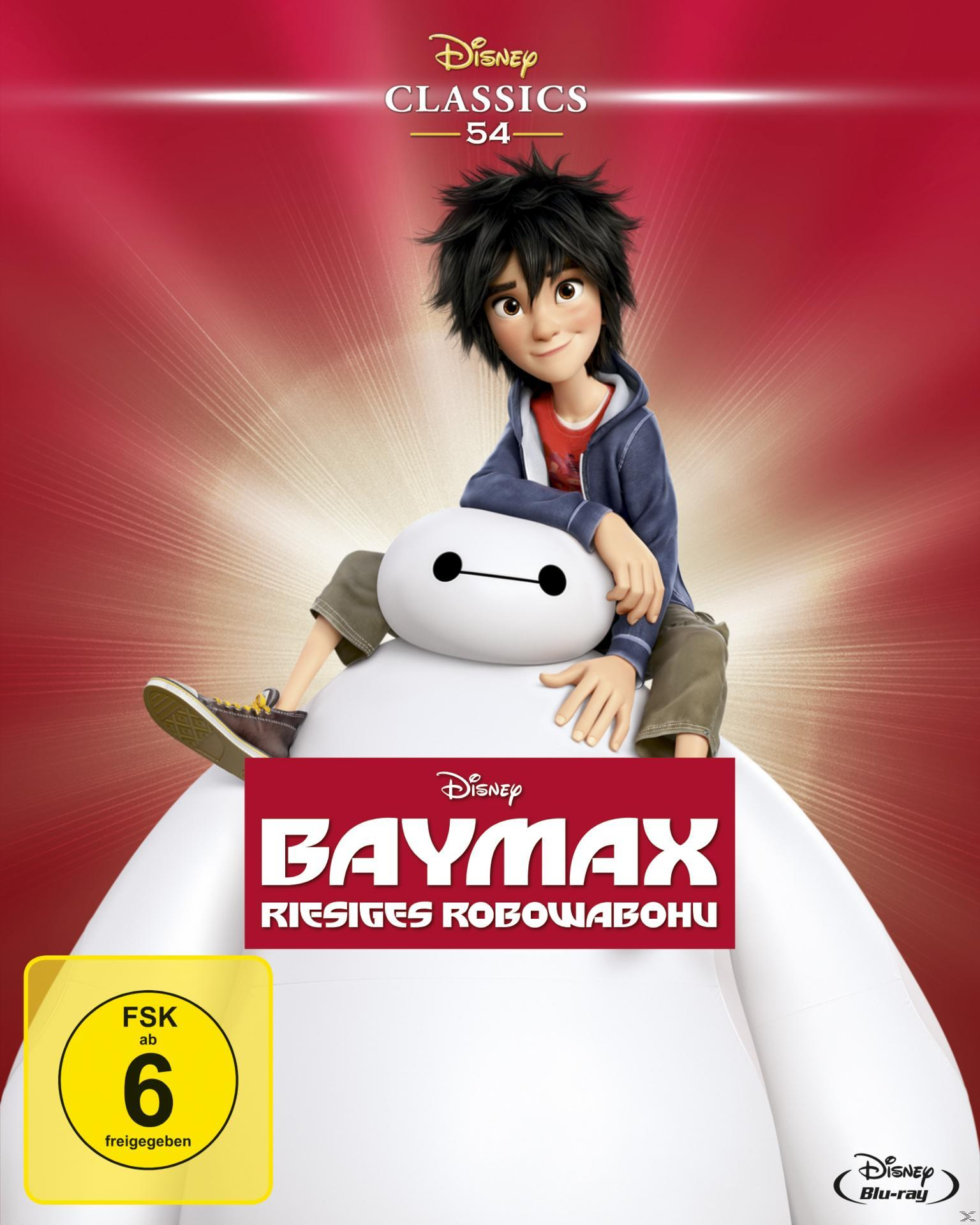 DVD-Cover von 'Baymax' mit einem Cartoon-Jungen und Baymax, einem weißen Roboter, auf rotem Hintergrund.