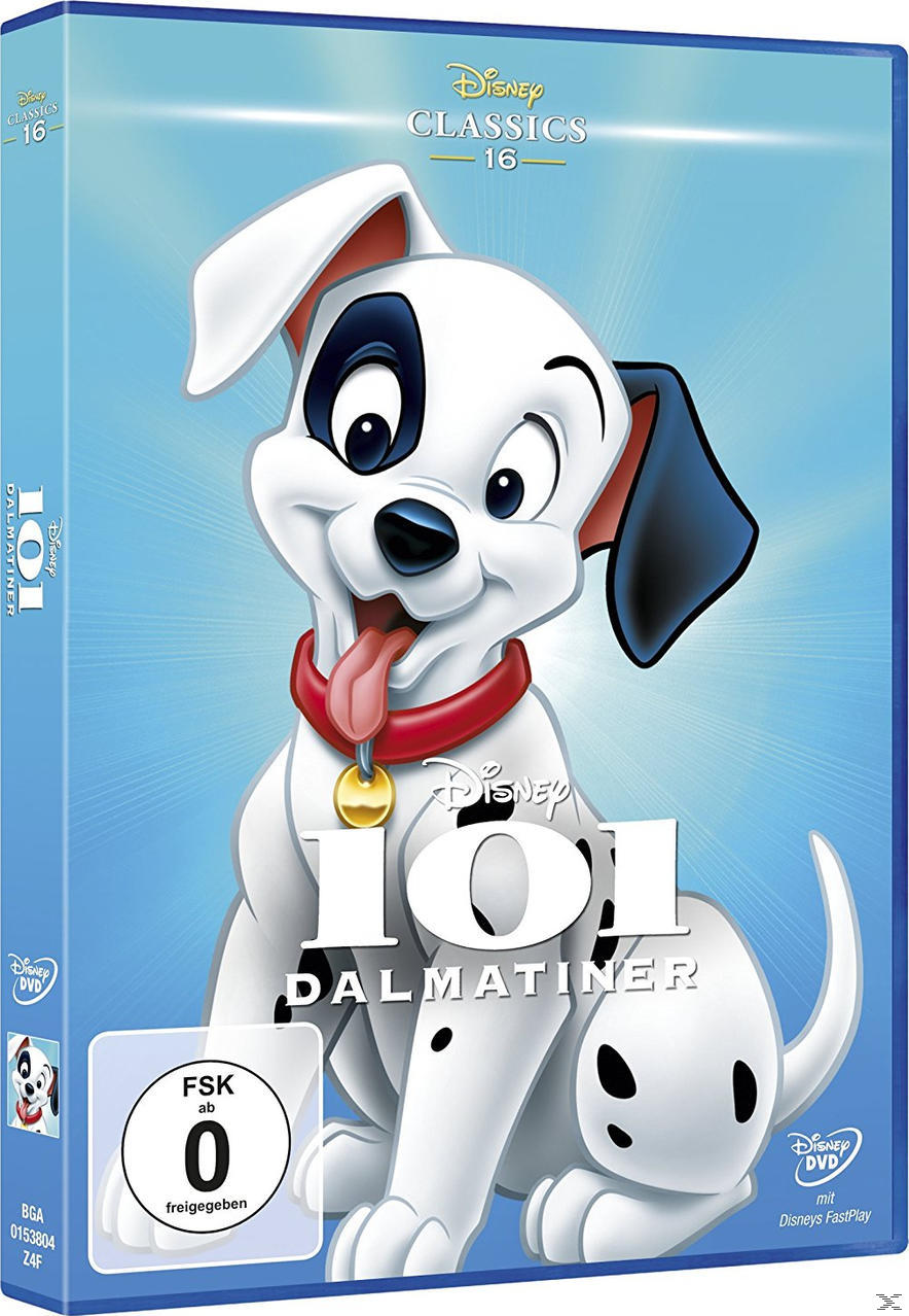 DVD-Cover von '101 Dalmatiner' mit einem Cartoon eines Dalmatiner-Welpen auf weißem Hintergrund.