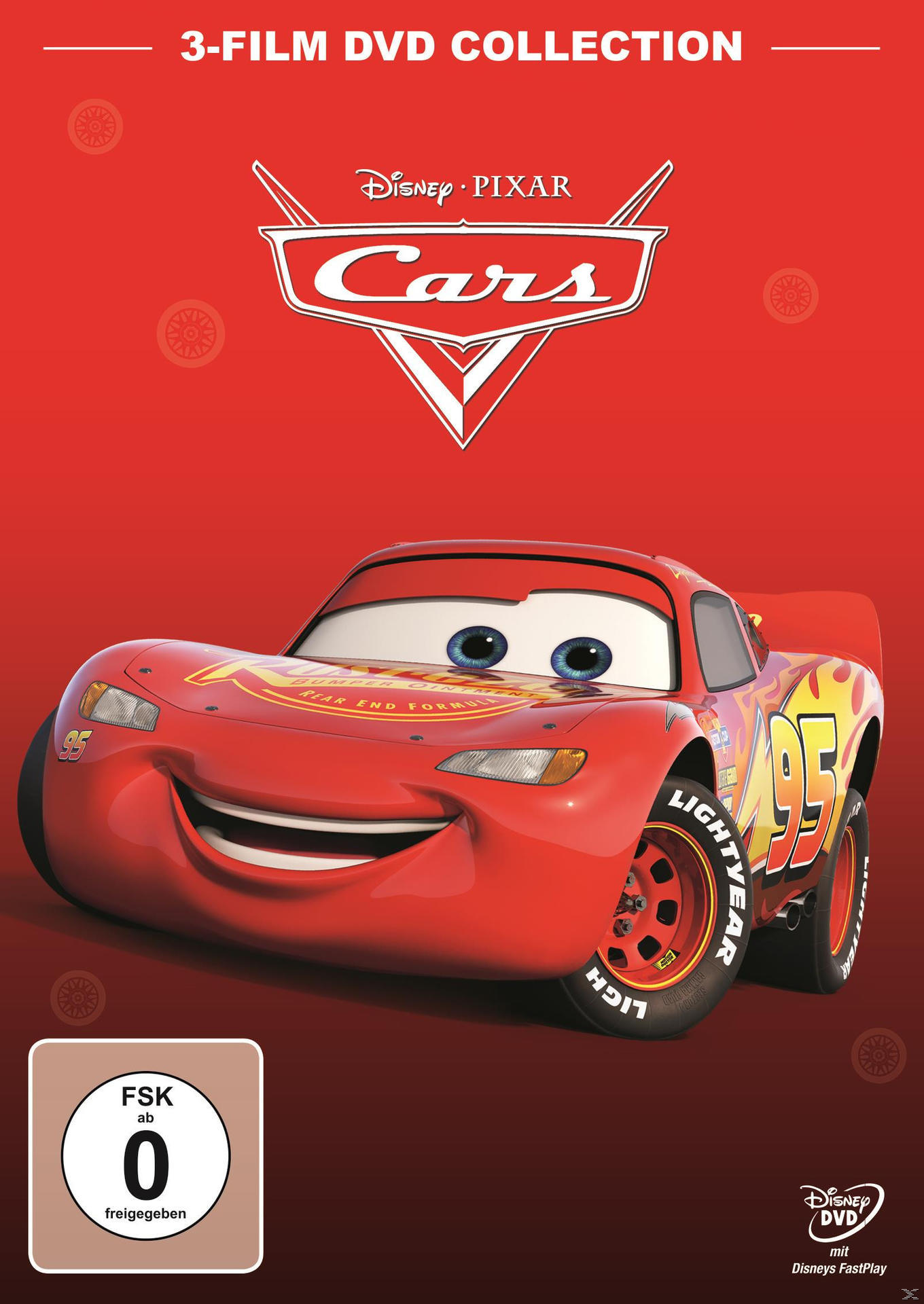 DVD-Cover von 'Cars'. Rotes Auto mit großem Lächeln und Disney Pixar Logo.