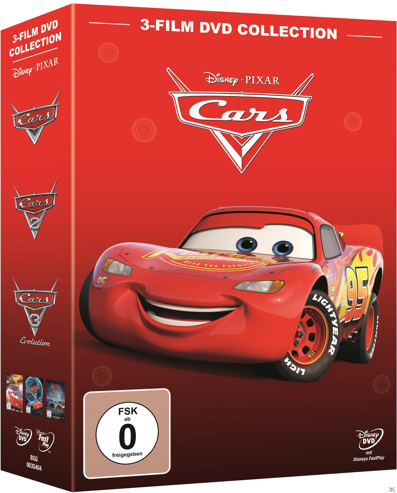 Cars DVD-Box-Set. Enthält Lightning McQueen und andere Charaktere, rote Verpackung und mehrere Discs.