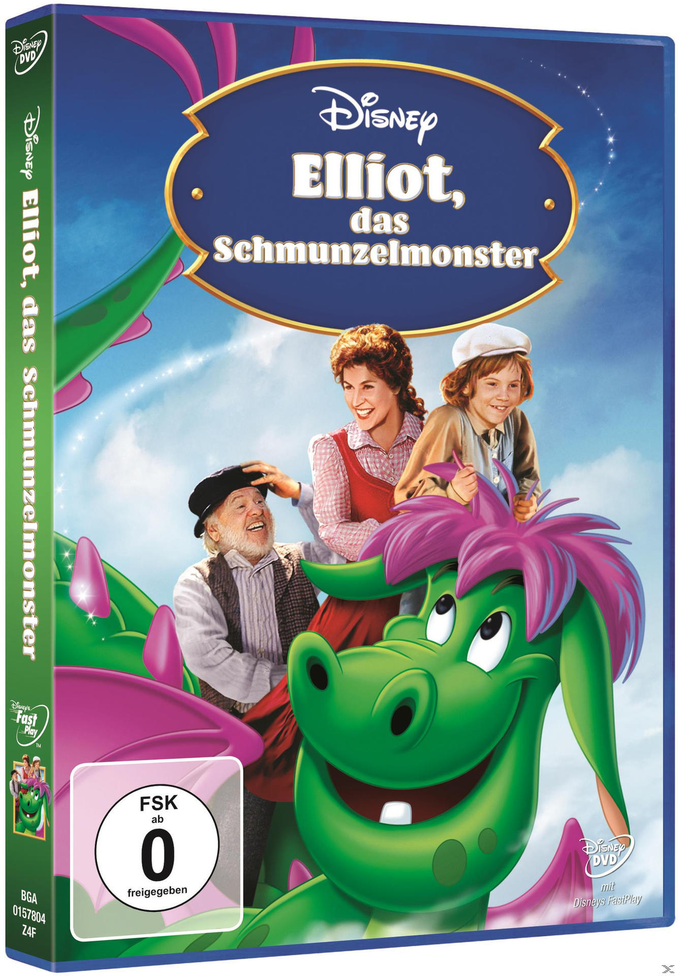DVD-Cover von Disneys 'Elliot, das Schmunzelmonster' mit Personen und einem grünen Drachen.