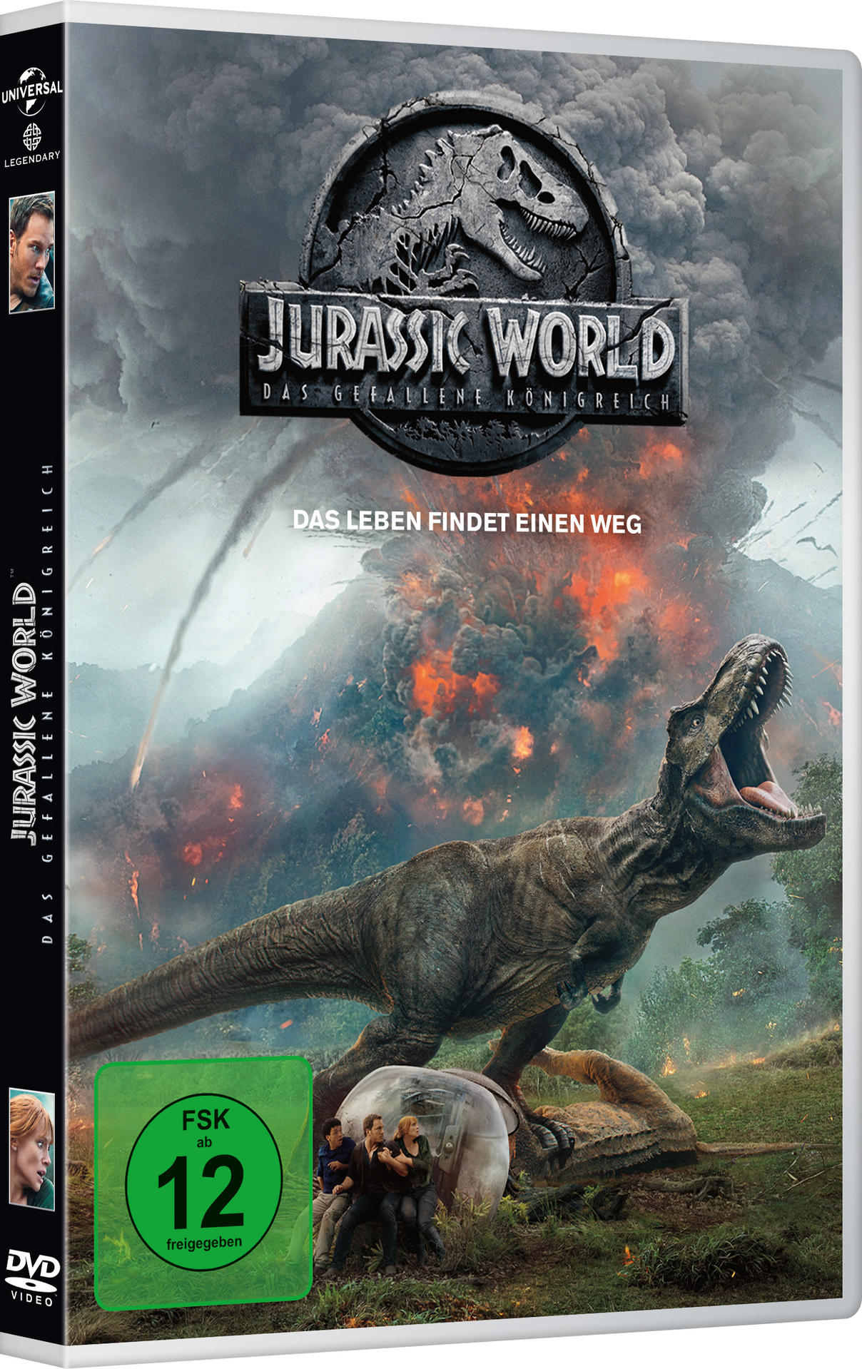 Jurassic World-Filmcover. Ein T-Rex brüllt. Leute rennen weg.