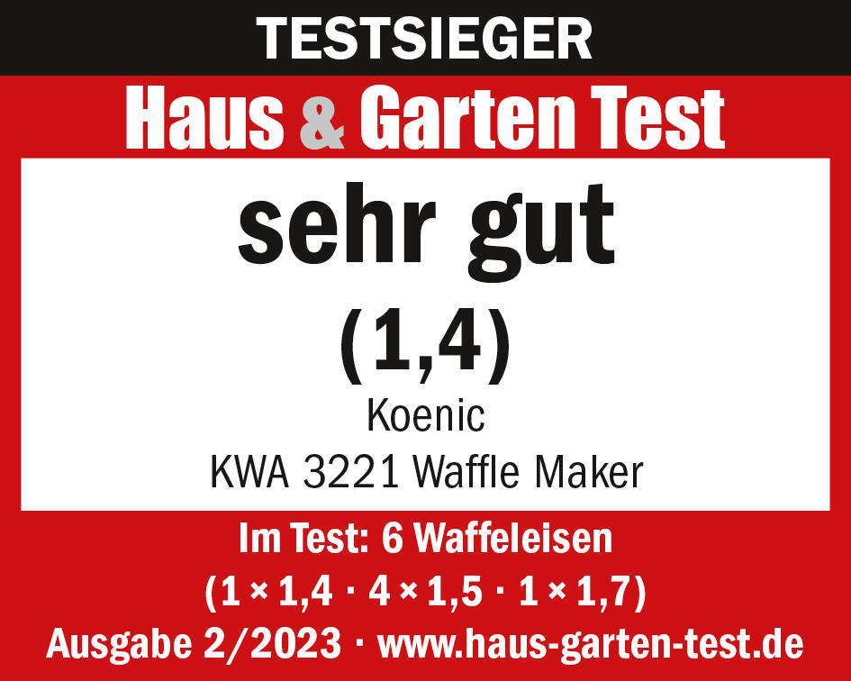 Eine rot-weiße gedruckte Informationskarte mit Text über einen Waffeleisen.