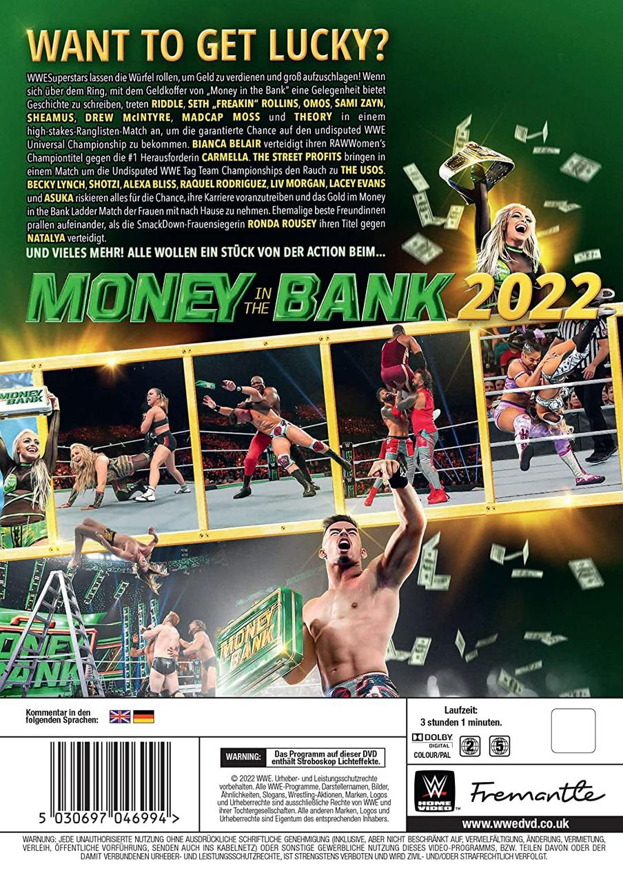 DVD-Cover-Art für WWE Money in the Bank 2022 mit Wrestlern und Event-Details.