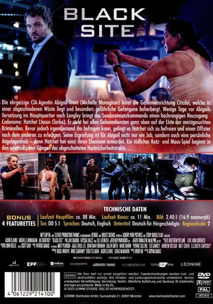 DVD-Cover von 'Black Site' mit einer Frau, die eine Waffe hält, und einem Mann im Anzug.