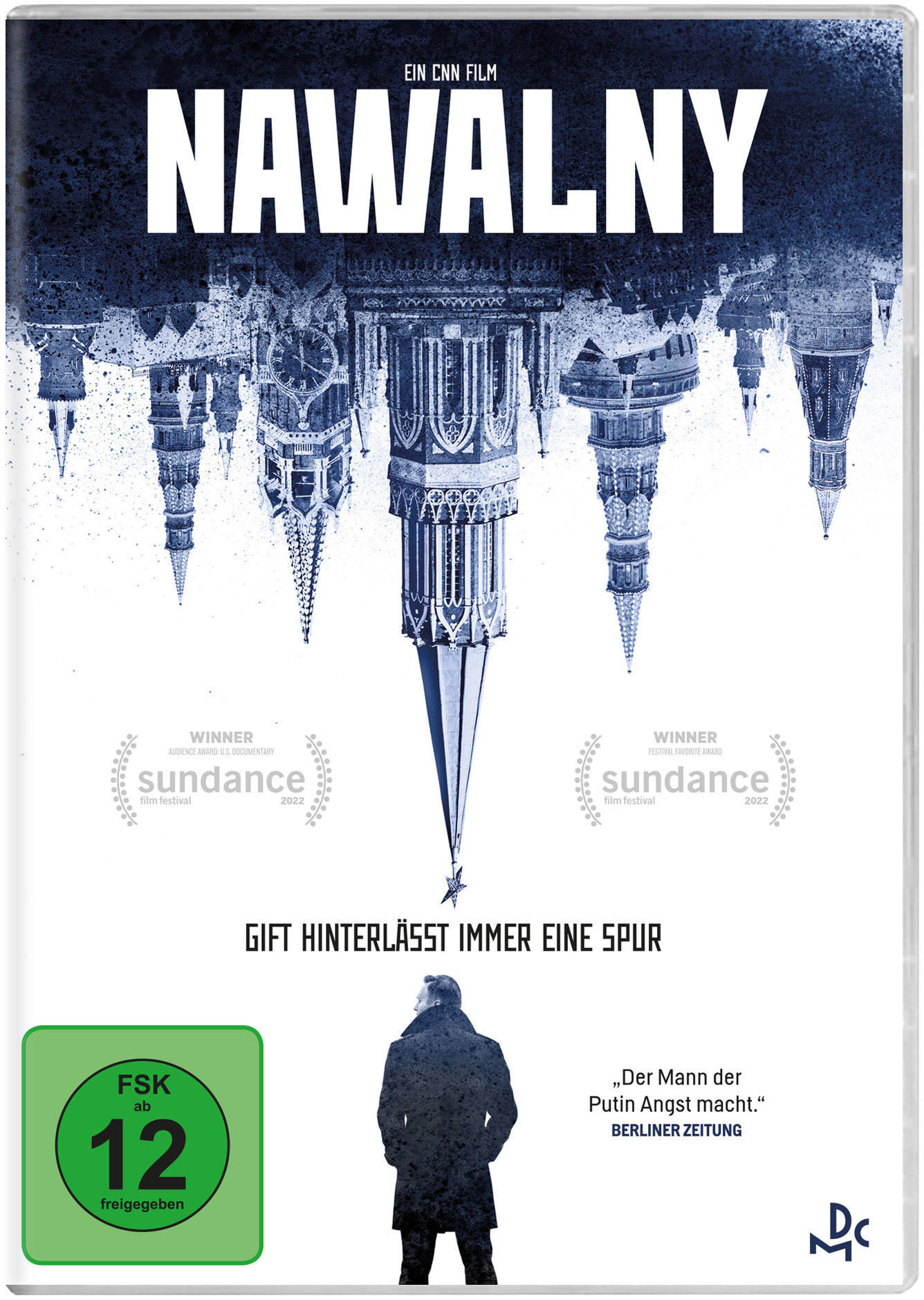 DVD-Cover eines Films. Die Silhouette eines Mannes steht unter einer gespiegelten Stadtlandschaft. Der Titel lautet NAWALNY.