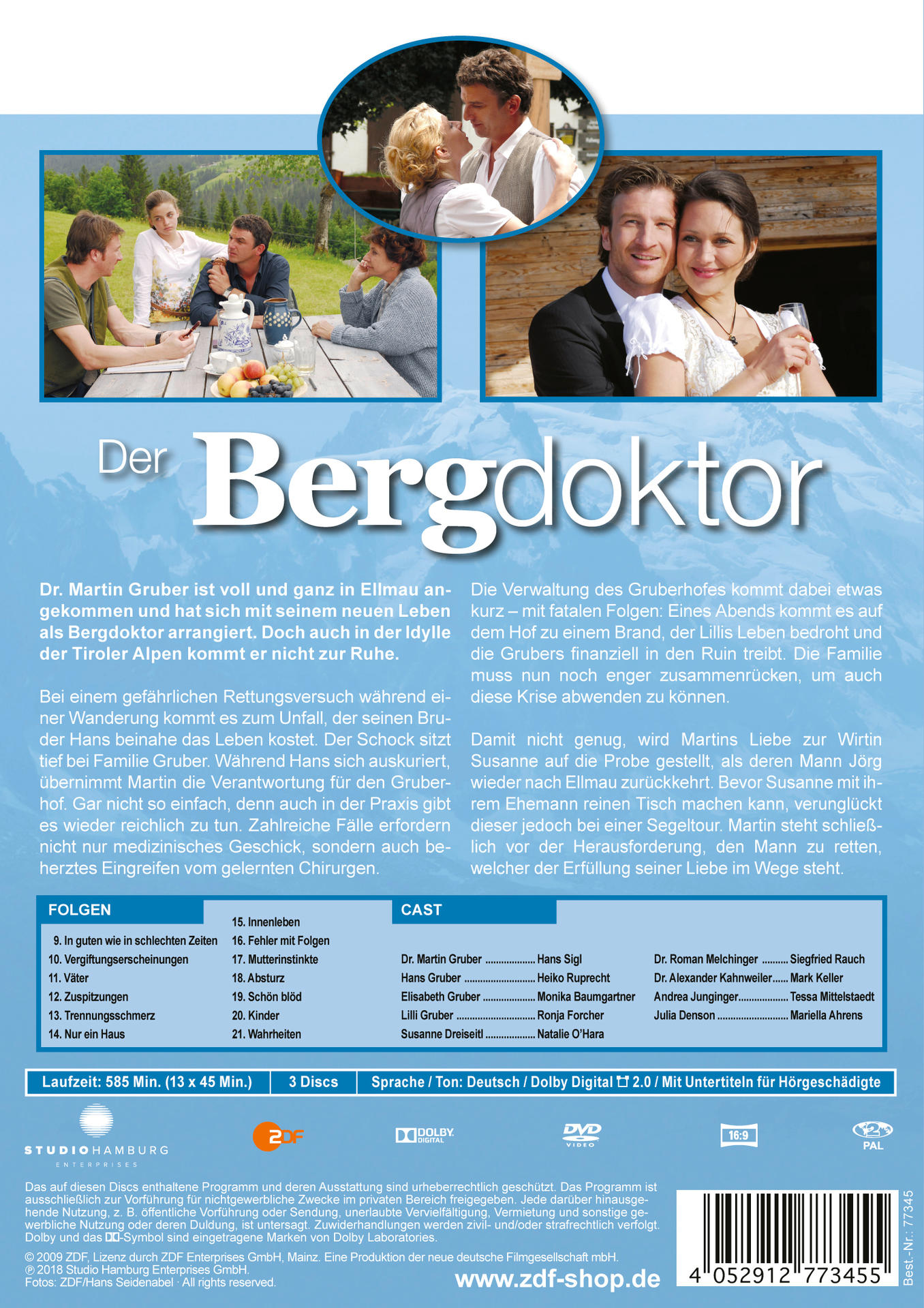 DVD-Cover von 'Der Bergdoktor' mit Schauspielern in einer Berglandschaft, mit Titel und Text.