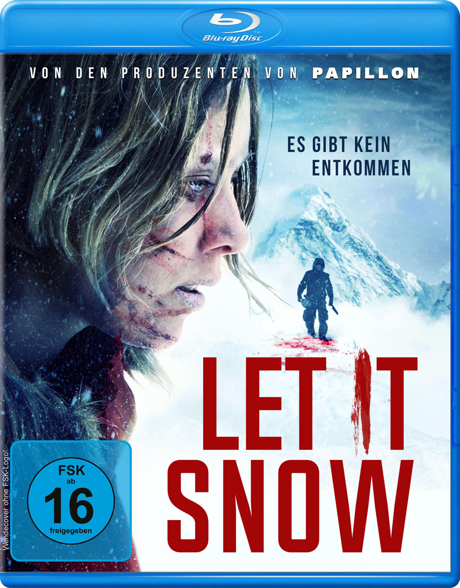 DVD-Cover. Eine Frau mit blutigem Gesicht. Der Titel lautet 'Let It Snow'. Schneebedeckter Berg.